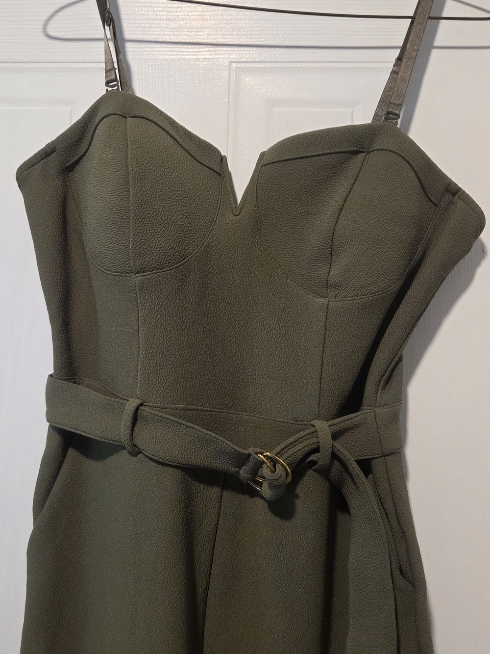 Material Girl Strapless Olive Belted Dress with Gold Buckle